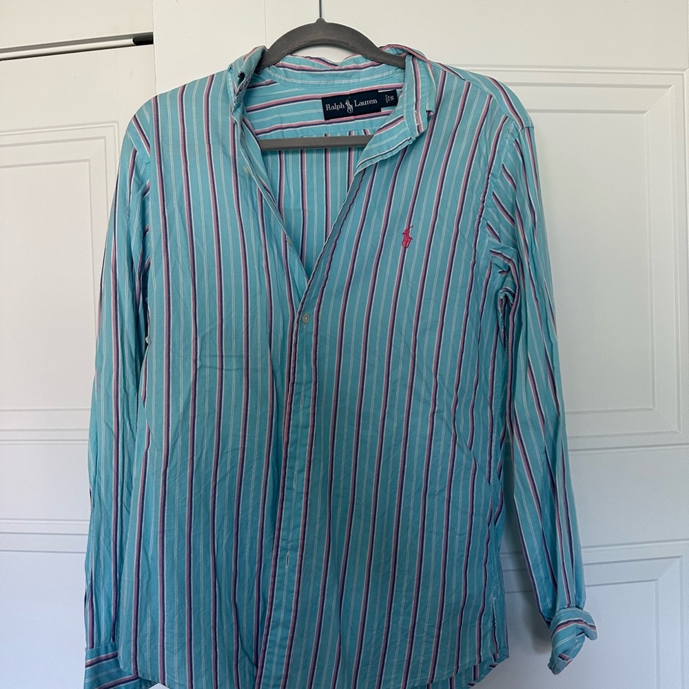 Ralph Lauren Men's Teal and Pink Striped Shirt